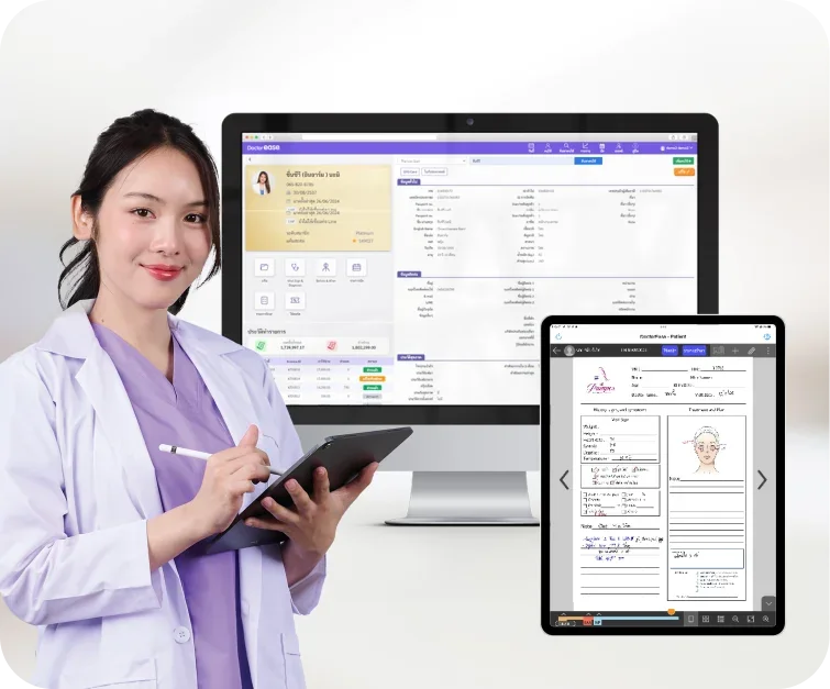 Dr.Ease clinic software shown across desktop and tablet screens